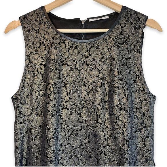 T Tahari Gold Metallic Floral Crochet Overlay Dress - Picture 2 of 7